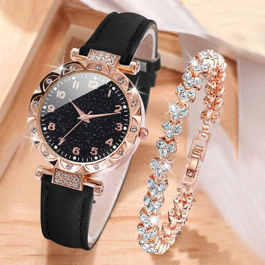 Fashion Rhinestone Women's Watch and Bracelet Set - 2 Piece Leather Band Quartz Watch Beacon Bazar